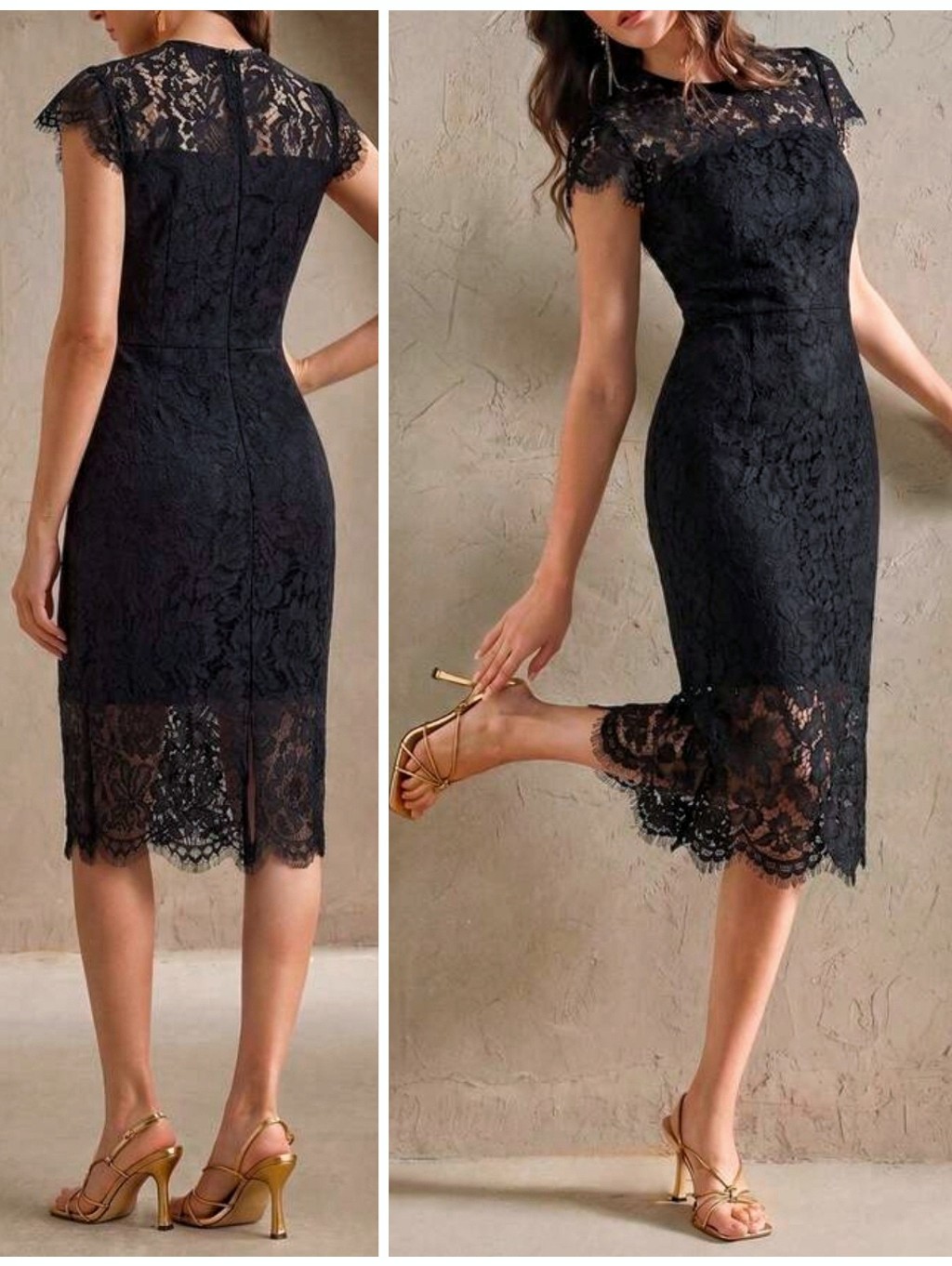 New Luxe Sheer Lace Overlay Cap Sleep Knee Length Dress Black